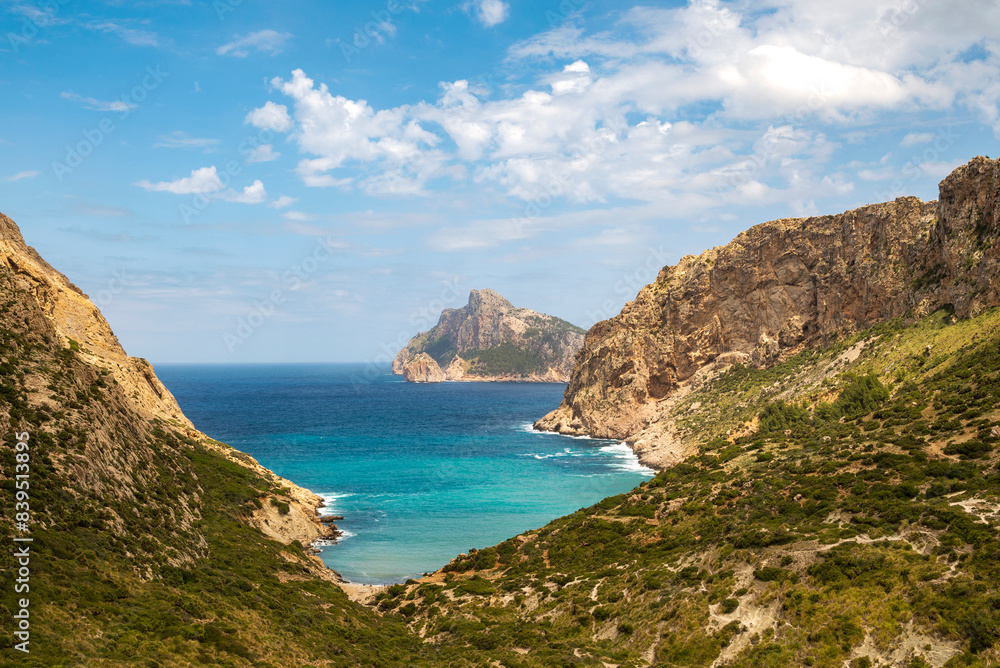 Fototapeta premium Cala Boquer beautiful little beach seen from Colls del Moro mountain, Cap de Formentor peninsula, Port de Pollensa, Majorca, Balearic Islands, Spain