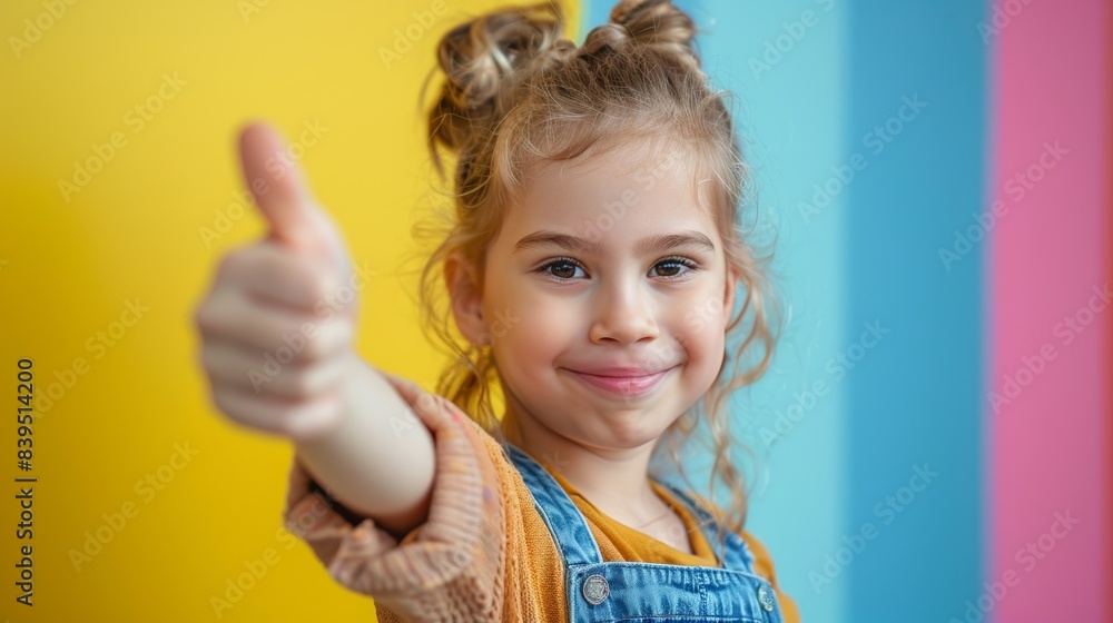 Cheerful young girl in denim overalls gives a thumbs-up against a colorful background. Shows happiness and positivity. Cheerful young girl in denim overalls gives a thumbs-up against a colorful background. Shows happiness and positivity.