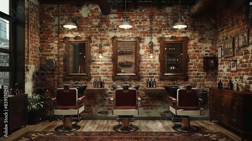 Rustic barbershop interior with vintage decor and barber chairs