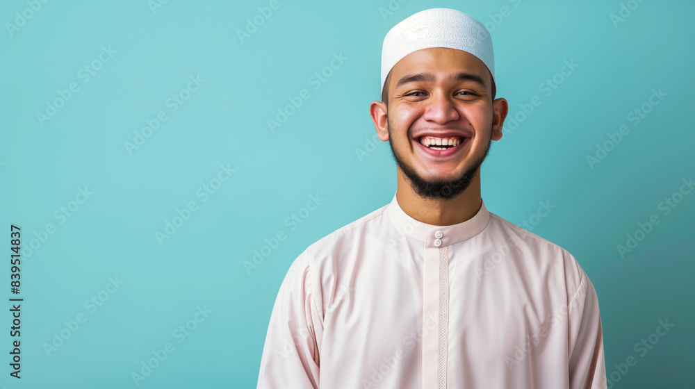 A smiling man wearing a turban and a white shirt. a muslim man, smiling, wearing fashion muslim clothes, isolated on solid color background A smiling man wearing a turban and a white shirt. a muslim man, smiling, wearing fashion muslim clothes, isolated on solid color background