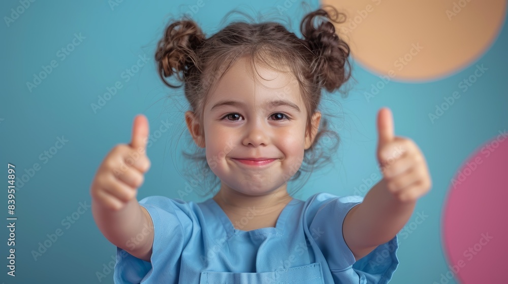 Happy child giving thumbs up with joyful expression, wearing blue dress, colorful background, symbolizing positivity and approval. Happy child giving thumbs up with joyful expression, wearing blue dress, colorful background, symbolizing positivity and approval.