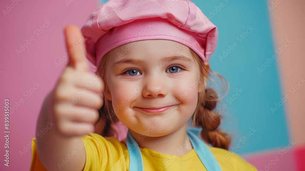 Happy girl wearing a chef hat giving thumbs up gesture with colorful background, showcasing positivity and joy. Happy girl wearing a chef hat giving thumbs up gesture with colorful background, showcasing positivity and joy.