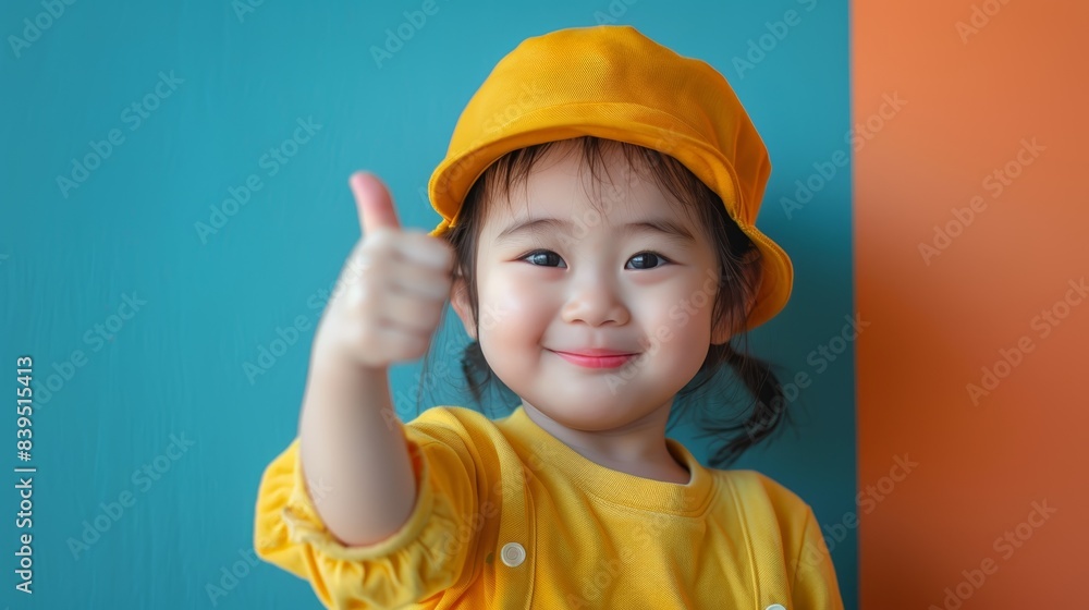 Happy child giving a thumbs up, wearing a yellow hat and shirt with a bright blue and orange background. Positive and cheerful expression. Happy child giving a thumbs up, wearing a yellow hat and shirt with a bright blue and orange background. Positive and cheerful expression.