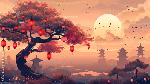 Serene Asian landscape with cherry blossom tree and lanterns at sunset, pagoda silhouette in the background under a glowing moon. photo