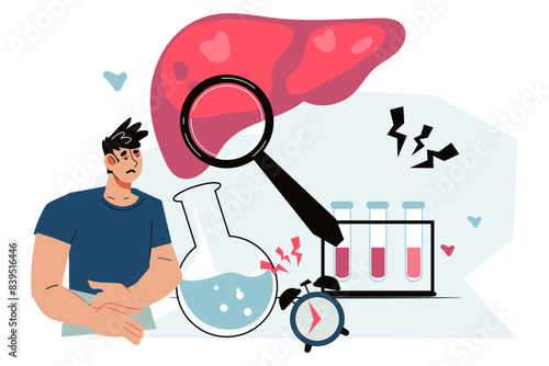 Hepatology and liver health concept banner, flat vector illustration isolated on white background. Liver screening for cholesterol levels, hepatitis or cancer.