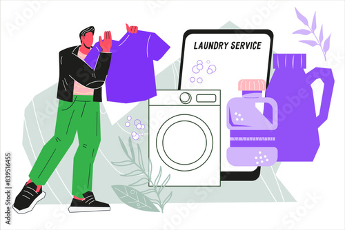 Man in a laundry or laundromat takes washed tidy clothes, flat cartoon vector illustration isolated on a white background. Public commercial laundry or laundromat banner design.