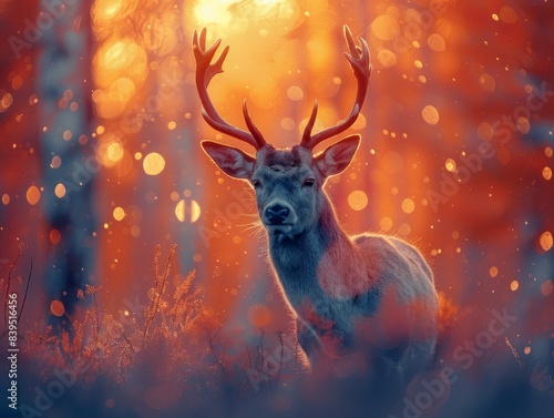 Majestic Deer in Vibrant Forest Double Exposure - Close-Up with Copy Space, Silhouette of Trees and Wildlife © Thanadech