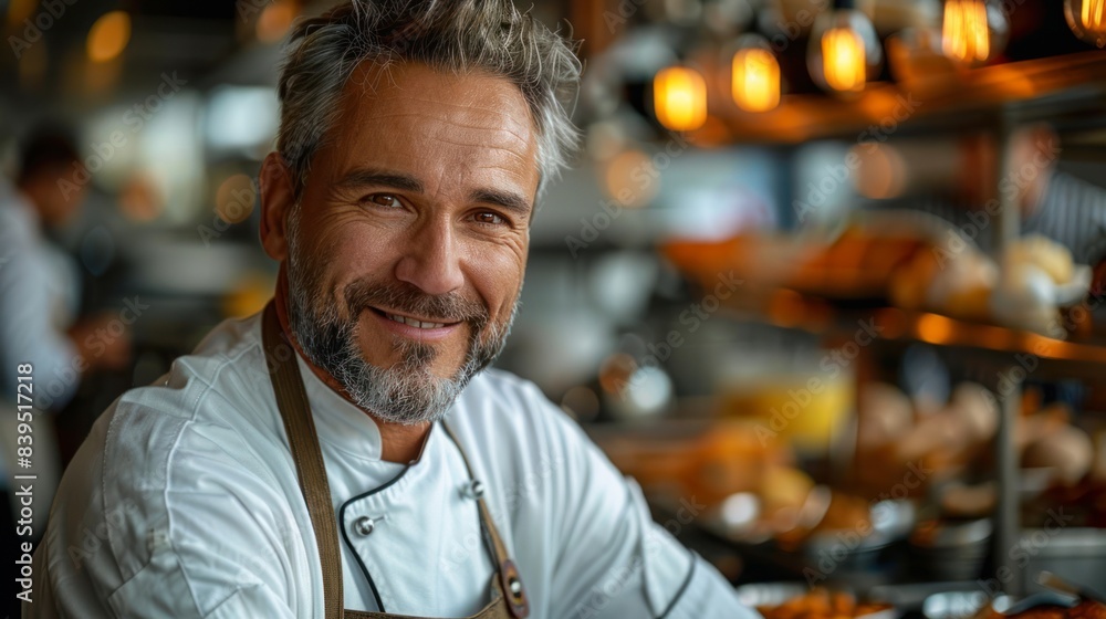Photo portrait of a smiley Chef with kitchen in background Photo portrait of a smiley Chef with kitchen in background