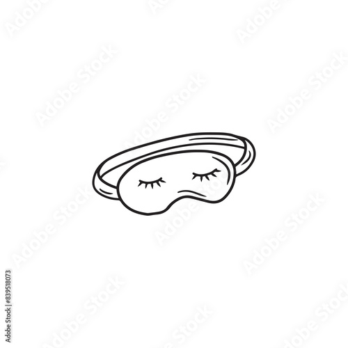 Sleeping mask with closed eyes drawn in black isolated on white background. Hand drawn vector sketch illustration in doodle engraved line art vintage style. Concept of sun protection, dark sleep.
