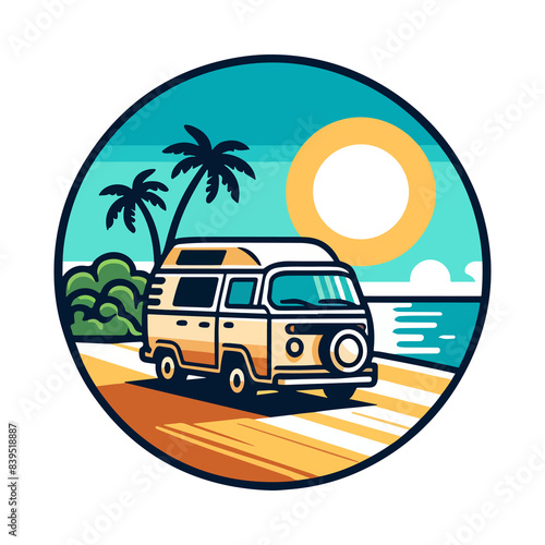 summer beach and campervan badge illustration for t shirt or sticker