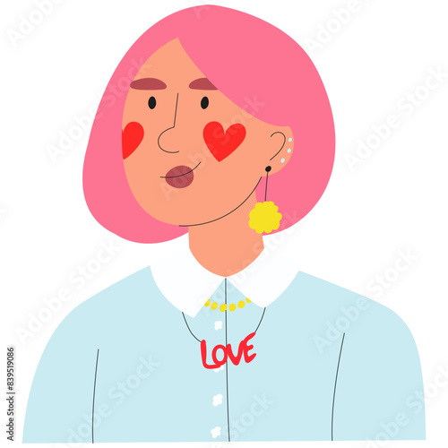 Girl, woman with hearts on her cheeks.  Love yourself concept. 