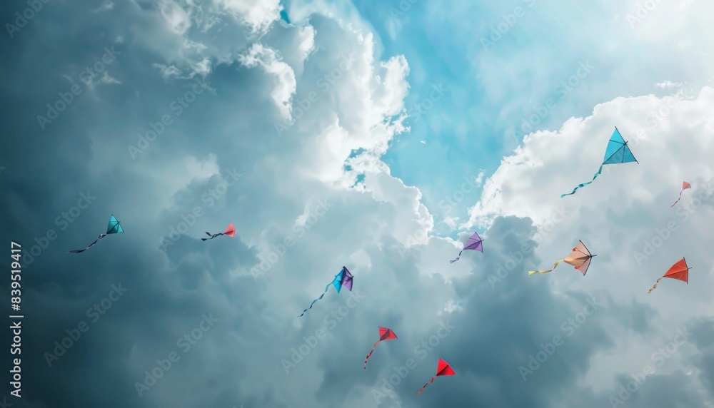 Vibrant Spectacle: Colorful kites soaring through a cloudy sky Vibrant Spectacle: Colorful kites soaring through a cloudy sky