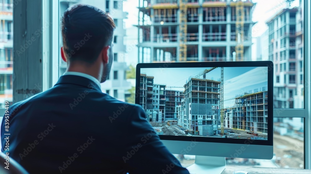 Talented businessman presenting new construction project on computer screen to managing director Talented businessman presenting new construction project on computer screen to managing director