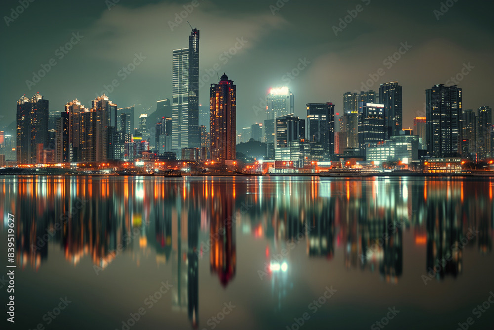 Obraz premium Futuristic City Skyline at Night Reflected in Water