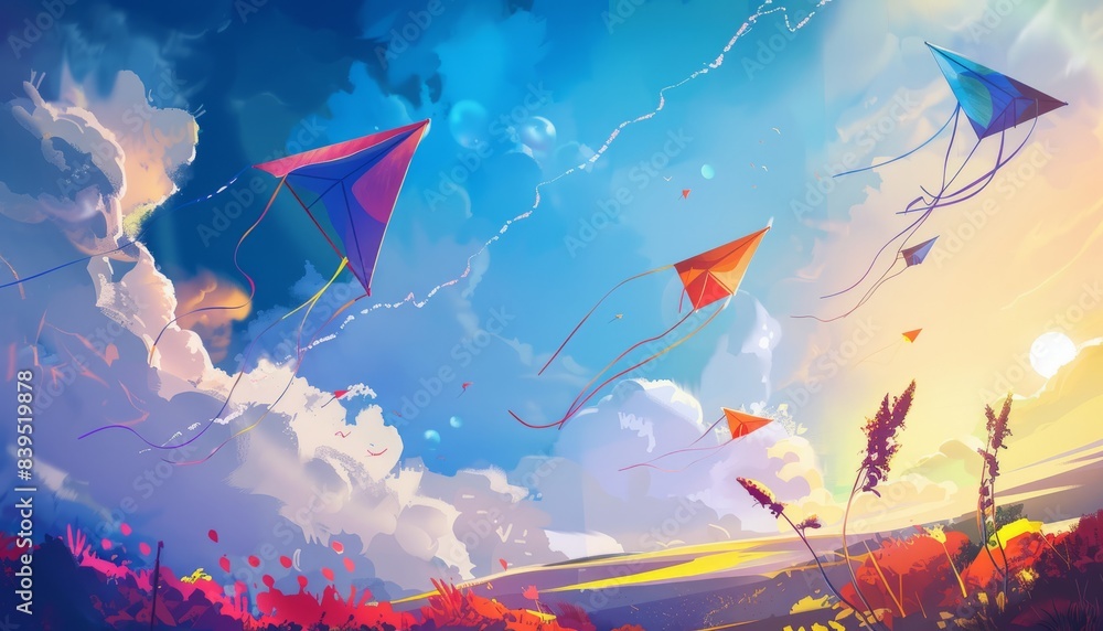Dancing in the Sky: A Rainbow of Colorful Kites Soaring at 7:4 Dancing in the Sky: A Rainbow of Colorful Kites Soaring at 7:4