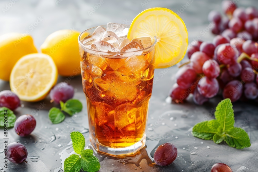 Lemon and grape ice tea in glass Lemon and grape ice tea in glass