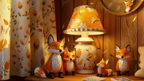 A cozy children's room corner featuring an adorable woodland-themed lamp and matching fox figurines, crafting a storybook atmosphere. © Aqsa