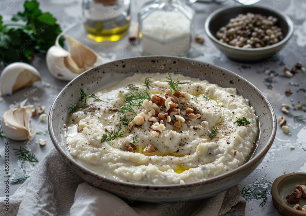 dip in the bowl with walnuts and garlic, nearly pita bread on the light table. dip in the bowl with walnuts and garlic, nearly pita bread on the light table.