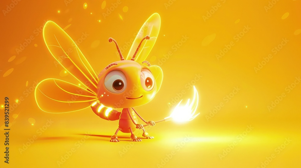 A cute 3D cartoon firefly character with a glowing tail, serving as a mascot for an energy company, set against a vibrant yellow backdrop. A cute 3D cartoon firefly character with a glowing tail, serving as a mascot for an energy company, set against a vibrant yellow backdrop.