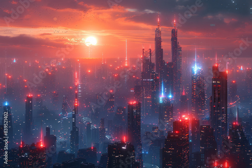 A futuristic cityscape on a distant planet, with neon Wi-Fi signals radiating from every building,