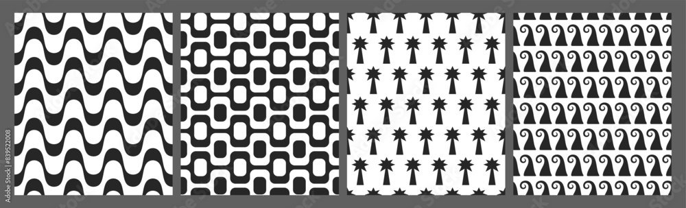 Copacabana and Ipanema famous Brazil pavement, palm trees and ocean waves seamless pattern set. Summer and beach ornaments. Copacabana and Ipanema famous Brazil pavement, palm trees and ocean waves seamless pattern set. Summer and beach ornaments.