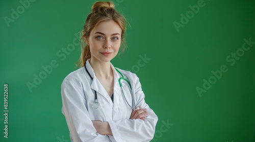 A female doctor with arms crossed, wearing a white coat and stethoscope, smiling confidently against a green background.