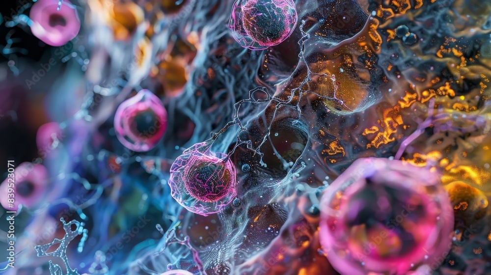 A microscopic view of a glandular network with multiple endocrine cells actively secreting hormones A microscopic view of a glandular network with multiple endocrine cells actively secreting hormones