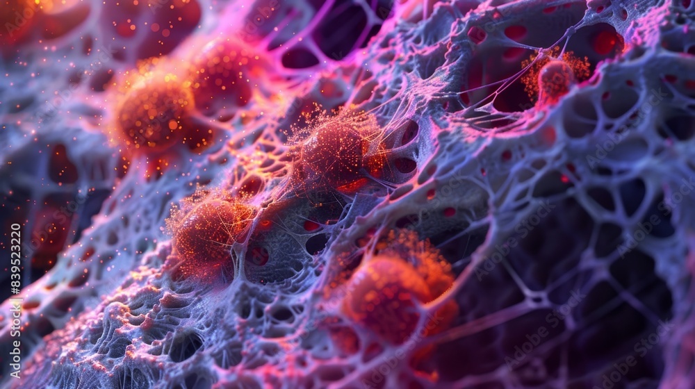 Closeup view of chondrocytes in the process of synthesizing and secreting glycosaminoglycans a key component of the cartilage matrix Closeup view of chondrocytes in the process of synthesizing and secreting glycosaminoglycans a key component of the cartilage matrix