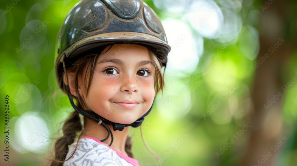Cheerful child rider in equitation class, wearing riding helmet, smiling at camera on horseback Cheerful child rider in equitation class, wearing riding helmet, smiling at camera on horseback