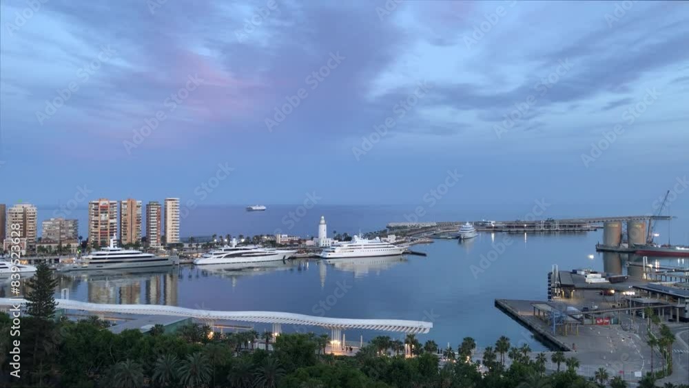 A view of Malaga Port at dusk. Andalusia, Spain