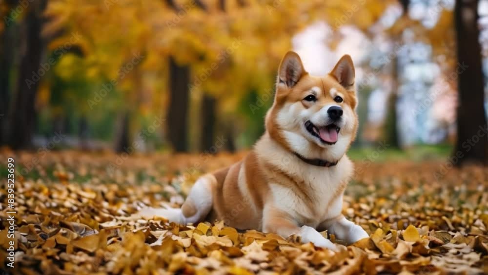 Akita Inu dog walks in forest on fallen yellow leaves Akita Inu dog walks in forest on fallen yellow leaves