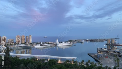 A view of Malaga Port at dusk. Andalusia, Spain