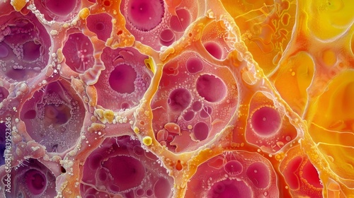 A section of bone marrow tissue showing the unique spatial organization of red and yellow marrow responsible for different types of cell production photo