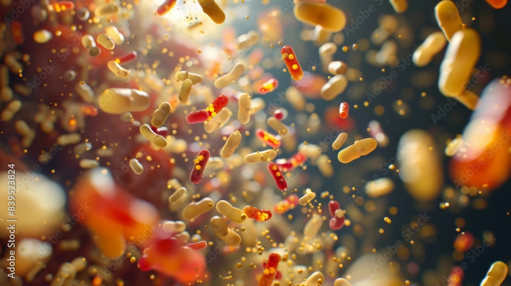 The gut microbiota in action breaking down food particles and producing beneficial byproducts for human health The gut microbiota in action breaking down food particles and producing beneficial byproducts for human health