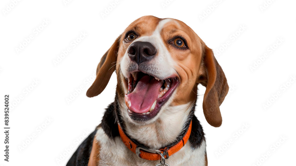 A happy laughing dog with a red collar smiles and has his mouth open. A happy laughing dog with a red collar smiles and has his mouth open.