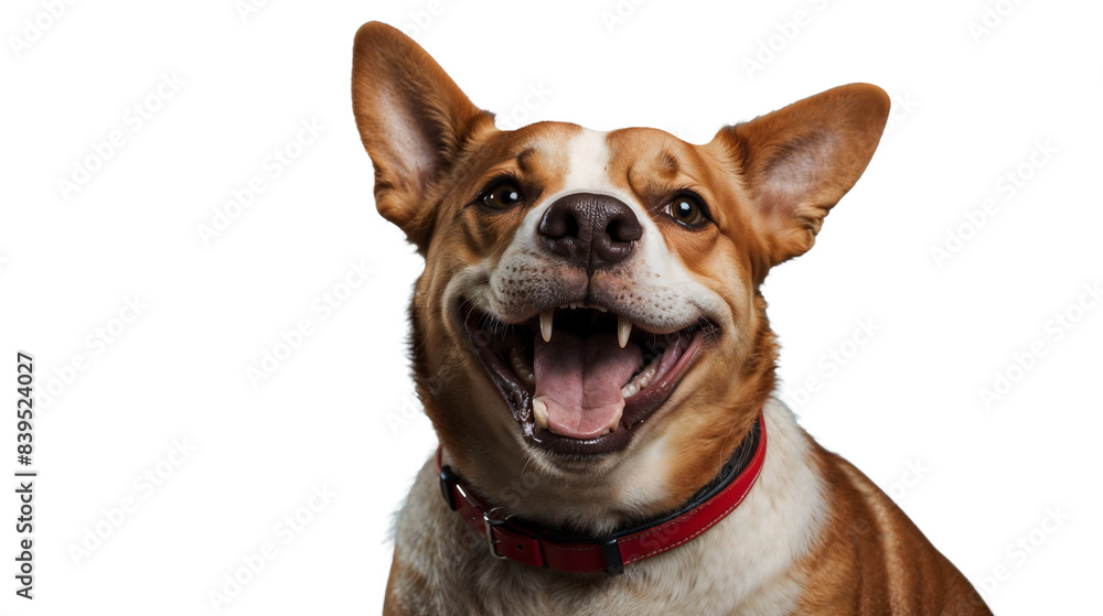 Obraz premium A dog with a red collar is smiling and has its mouth open
