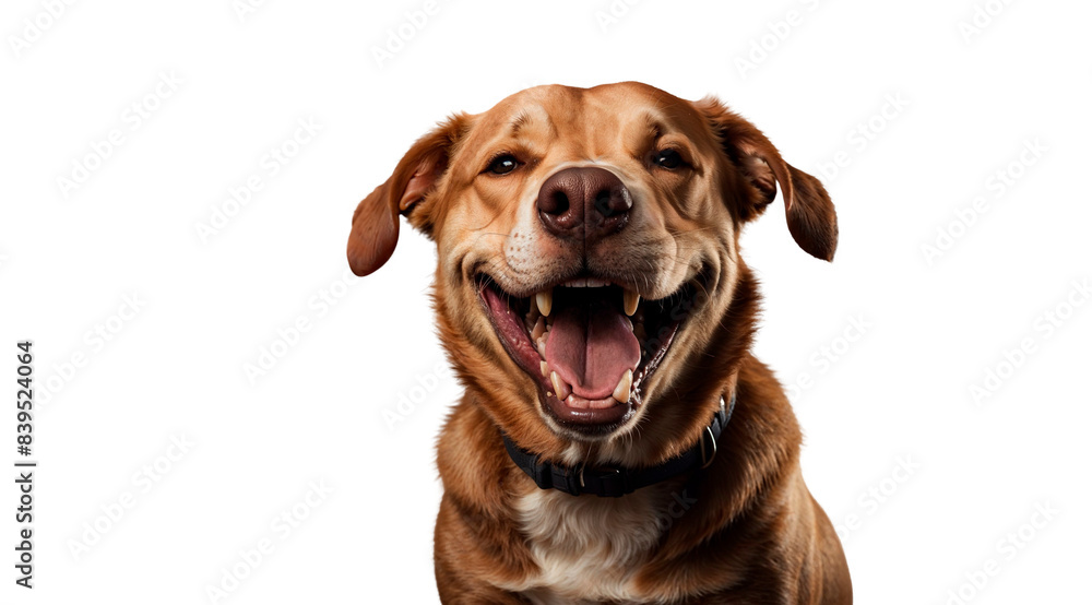 A happy dog with its mouth open and teeth showing