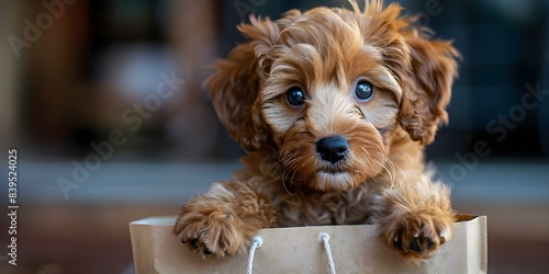 Labradoodle puppy with peach fuzz in paper bag ideal for pet ads. Concept Cute Pet Photoshoot, Adorable Labradoodle Puppy, Peach Fuzz Details, Creative Props, Paper Bag Setting photo