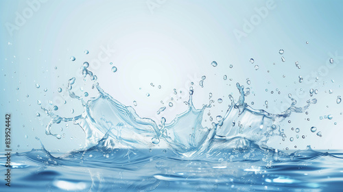 Water splash with clear droplets against a blue background