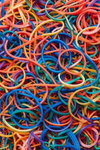 Wallpaper Mural A tangled mass of colorful rubber bands, tightly packed to fill the entire frame. The rubber bands come in various bright shades like red, blue, green, yellow, and purple. Torontodigital.ca