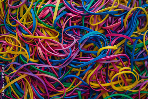 A tangled mass of colorful rubber bands  tightly packed to fill the entire frame. The rubber bands come in various bright shades like red  blue  green  yellow  and purple.