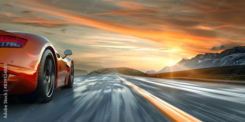 Obraz premium Sports car on scenic highway surrounded by beautiful nature landscape. Concept Luxury Cars, Scenic Highways, Nature Landscapes, Road Trips, Automotive Photography