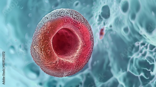 A detailed view of a developing erythrocyte with the characteristic indented shape and absence of a nucleus photo