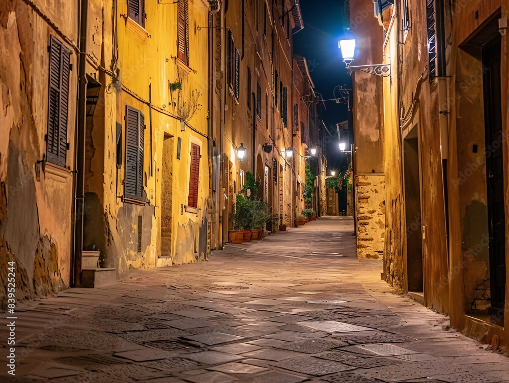 Fototapeta premium Capturing the timeless allure of an old street at night, aglow with warm streetlights and flanked by historic buildings in a wide shot
