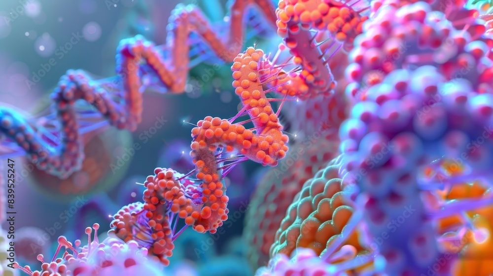 Fototapeta premium Detailed view of the base pairs within mitochondrial DNA with distinct colorcoding for each of the four nitrogenous bases
