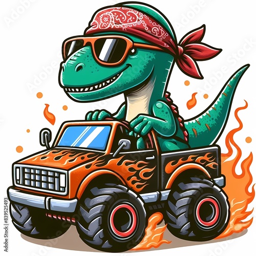 Dinosaur Driving a Monster Truck with Flames