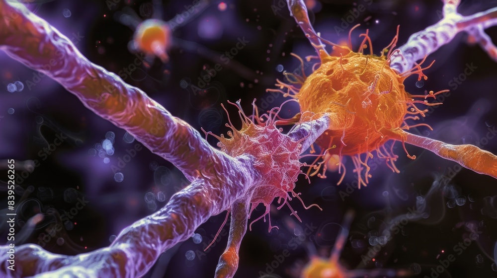 Closeup image of a microglia cell engulfing cellular debris in the central nervous system Closeup image of a microglia cell engulfing cellular debris in the central nervous system