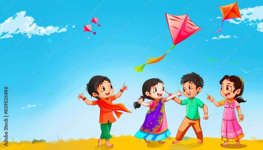 Joyful Indian/Asian Children Celebrating Makar Sankranti with Kite Flying Fun Joyful Indian/Asian Children Celebrating Makar Sankranti with Kite Flying Fun