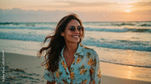 Beach Bliss. Latina Woman Smiling at Sunset During Carefree Summertime Vacation