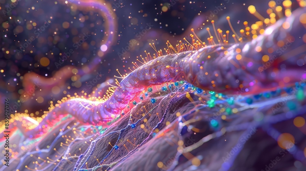 Highpowered magnification of a synapse with reuptake transporters clearly visible as small dots along the membrane Highpowered magnification of a synapse with reuptake transporters clearly visible as small dots along the membrane